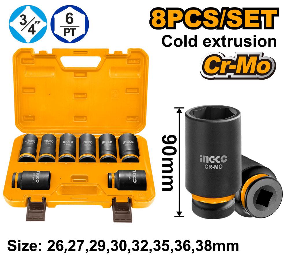 Κρουστικά καρυδάκια μακριά σετ 3/4" DR. 8 τεμ INGCO HKISSD34082L